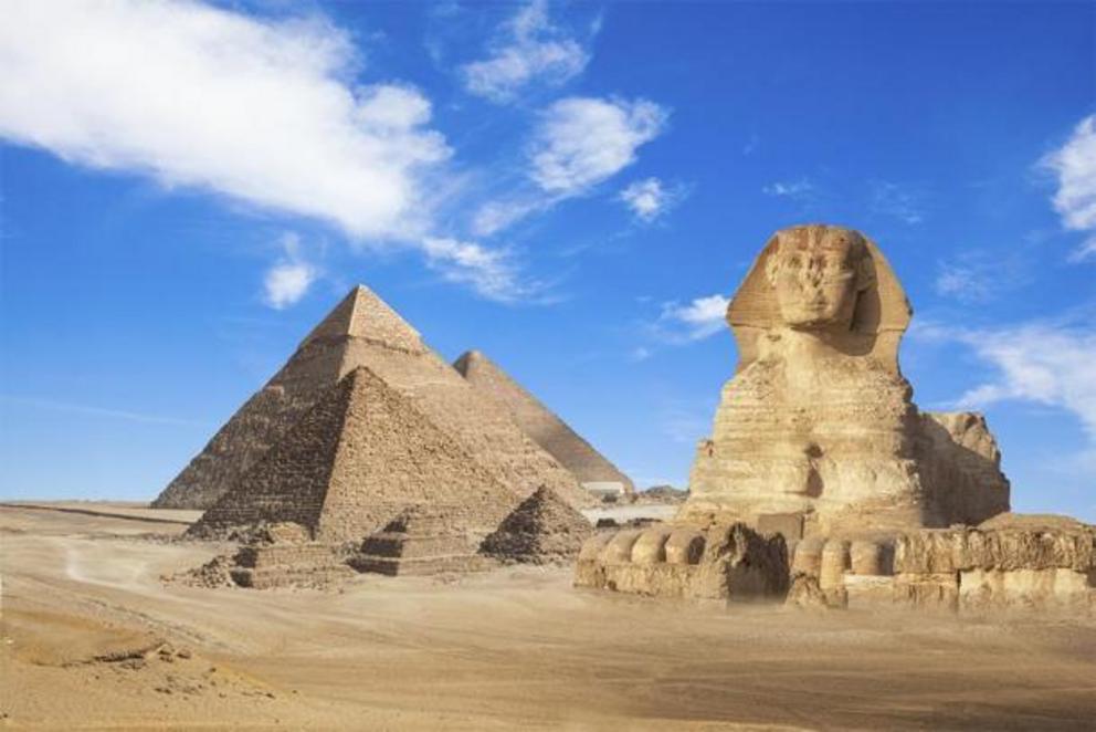 The Pyramids of Giza and the Sphynx in Egypt.