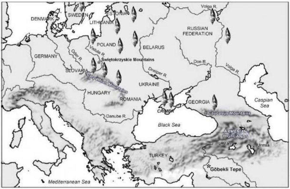Location of the discovery of Swiderian points across Europe.