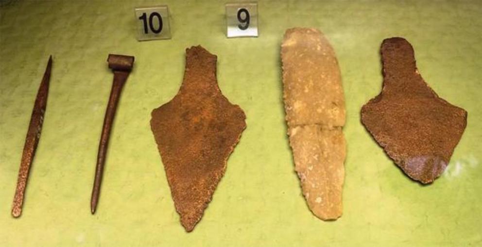Stone knife and copper daggers -objects from Budapest area belonging to the Csepel culture, a Hungarian-Slovakian sub-style of the Bell-beaker culture, early Bronze Age. Display at the Budapest Historical Museum.