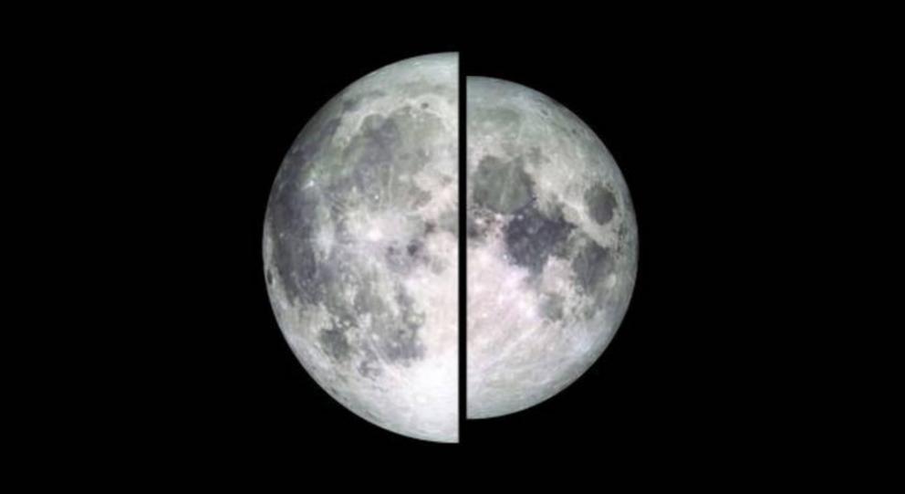 The left half shows the apparent size of a supermoon (full moon at perigee), while the right half shows the apparent size and brightness of a micromoon (full moon at apogee).