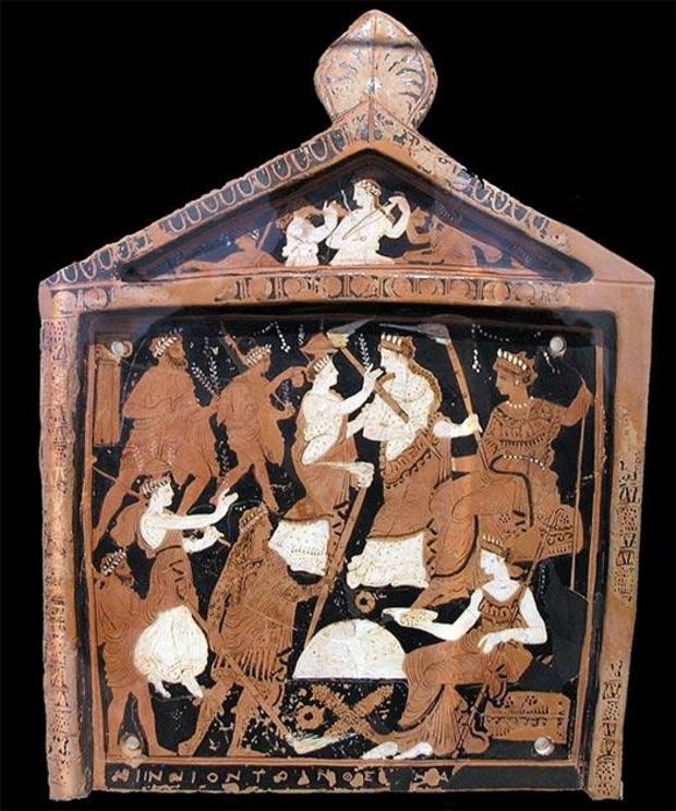 A votive plaque known as the Ninnion Tablet depicting elements of the Eleusinian mystery school, discovered in the sanctuary at Eleusis