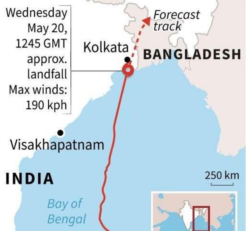 Map showing the forecast path of Cyclone Amphan