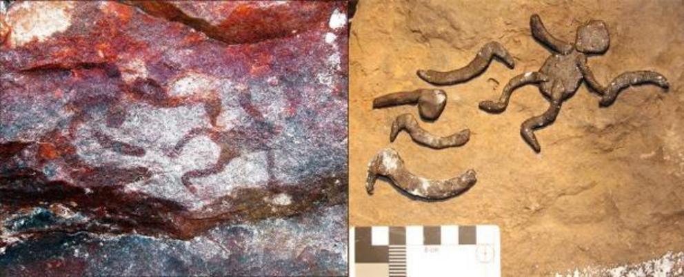 Left: Some of the Aboriginal rock art found at the Yilbilinji site in Limmen National Park. Right: The archaeologists attempting to replicate the anthropomorph and boomerang motif panel