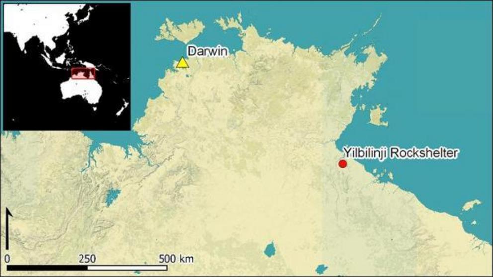 Map of the Yilbilinji Rockshelter in relation to Darwin in Australia, where the Aboriginal rock art can be found.