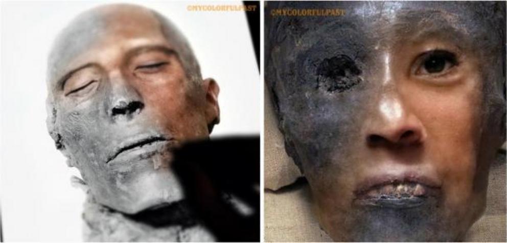 Left: Restoration and color work in progress to the 3,307-year-old mummified face of pharaoh Menmaatre Seti I. Right: Close up of bringing to life the 3,345-year-old face of Tutahkhamun.