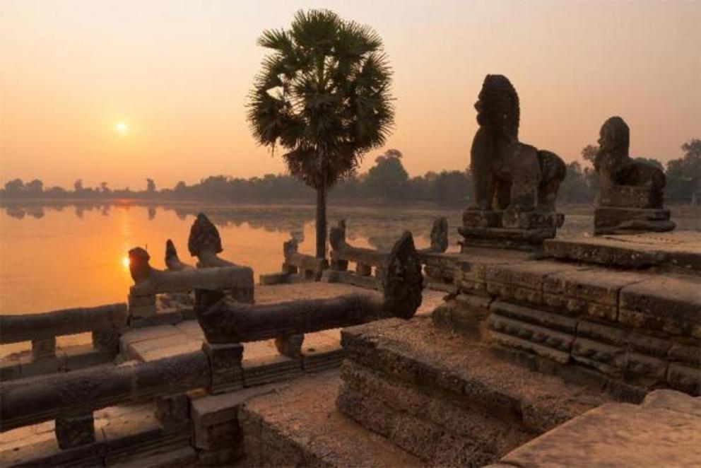 The Srah Srang reservoir site at sunset, Angkor Archaeological Park, Cambodia.