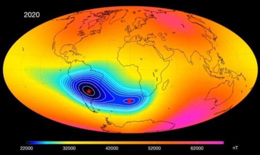 Above: The South Atlantic Anomaly (color-coded blue) may be splitting, according to this magnetic map from the European Space Agency's Swarm spacecraft.