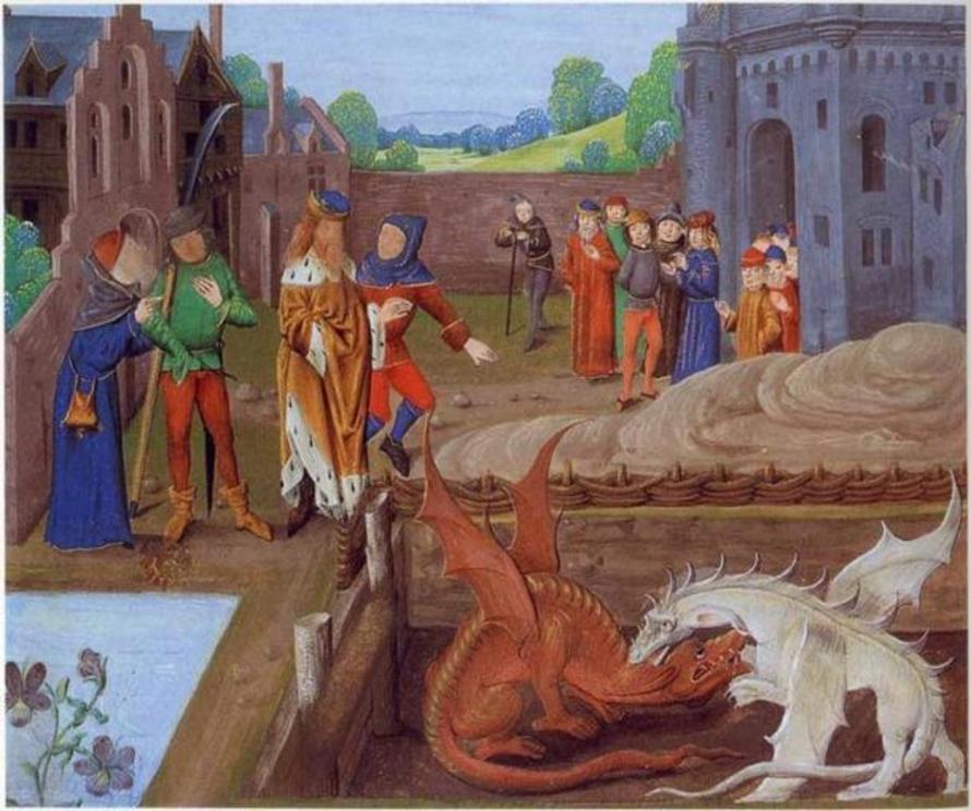 Pictured above Vortigern sits at the edge of a pool whence two dragons emerge, one red and one white, which do battle in his presence Detail from Lambeth Palace Library MS 6 folio 43v illustrating an episode in Historia Regum Britanniae (c. 1136).