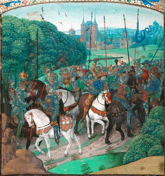 Madness of Charles VI: crossing the forest of Le Mans on an expedition against Pierre de Craon, the king, brandishing a sword, mistakes the members of his retinue for enemies and attacks them.