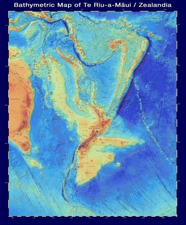 A bathymetric map of Zealandia, which shows the shape of the continent under the water.