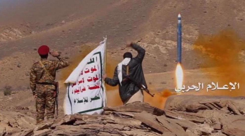 The undated photo, provided by the media bureau of Yemen’s Operations Command, shows a Yemeni missile shortly after launch.