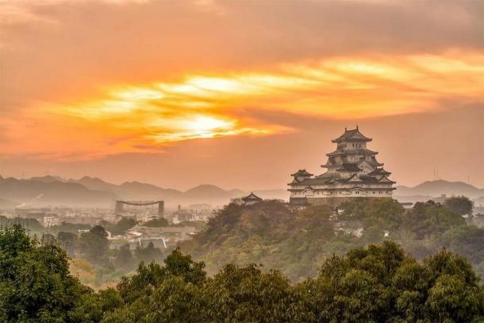 Himeji Castle in the fall, Himeyama Hill, Himeji City, Japan.