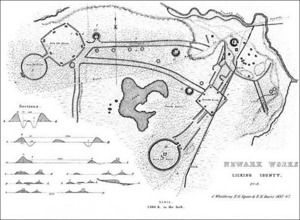 The site where the objects were found is known as The Newark Earthworks, Newark, Ohio, USA. 19th-century plan of the Works