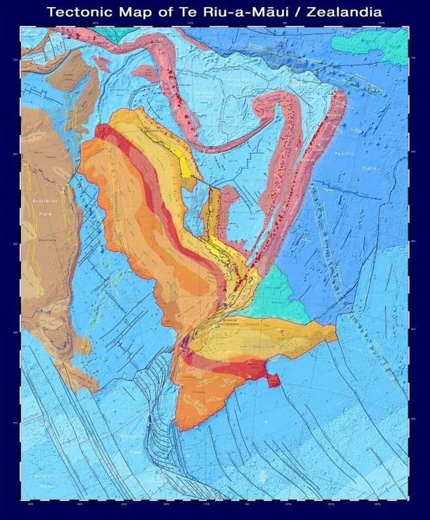 A tectonic map of Zealandia, which shows the types and age of the crust, major faults, and volcanoes that make up the continent.