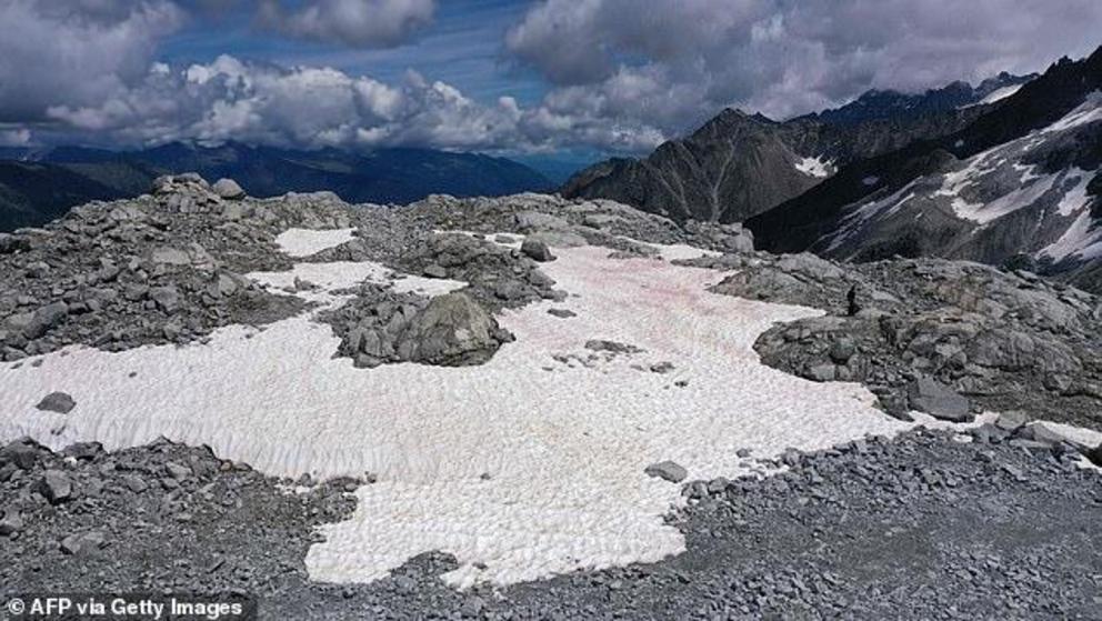 An aerial picture taken on July 3, 2020 above the Presena glacier near Pellizzano in Italy's Alps