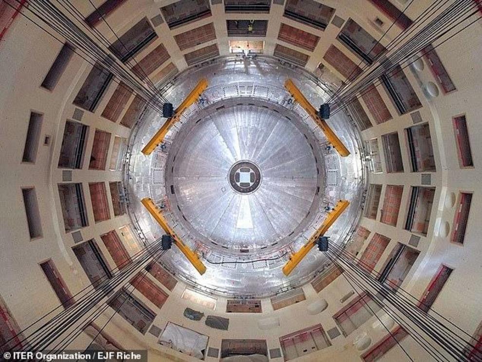 The world's largest nuclear fusion project that will replicate the reactions that power the sun in pursuit of clean power has begun assembly in France. Pictured, the base of the cryostat — the chamber which will create the ultra-cool vacuum environment ne