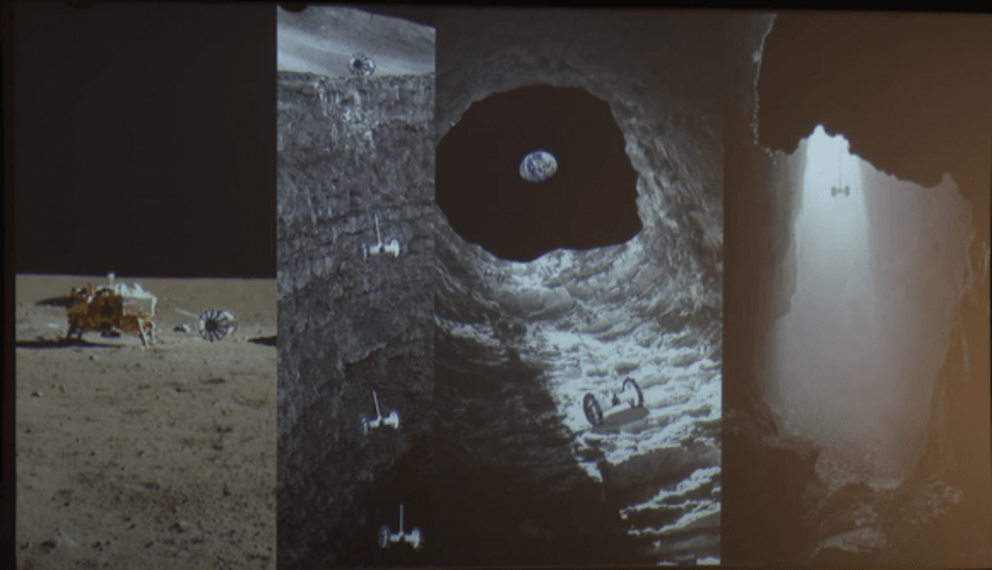 Four panels from a video presentation on the Moon Diver concept. From left to right: Rover is deployed from the lander, rover rappels down the hole, with Earth in the background, the rover hanging free as it’s lowered to the floor. Though the concept was 