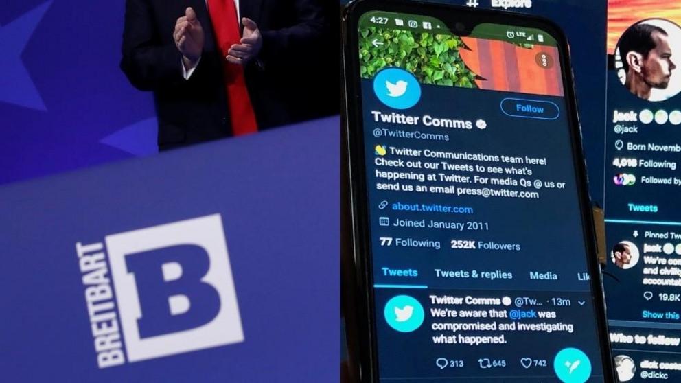 FILE PHOTO: A Breitbart News logo © REUTERS/Jonathan Ernst; A file photo showing the official Twitter Comms account and that of CEO Jack Dorsey's © REUTERS/Jim Bourg 