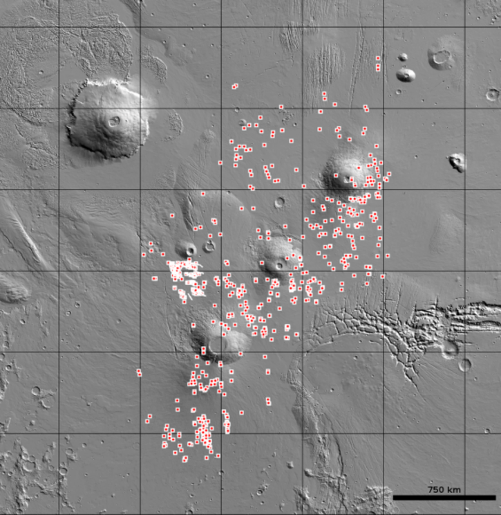 Many of the cave openings and lava tube skylights the USGS has identified on Mars is in the post-volcanic Tharsis Region. In this image, each red dot is a candidate entrance.