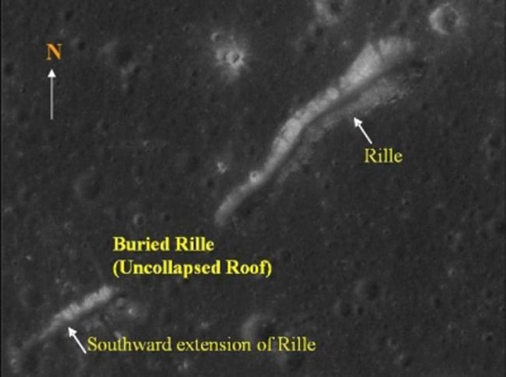 An image of a partially-collapsed lava tube near the lunar equator, captured by India’s Chandrayaan-1 lunar orbiter.