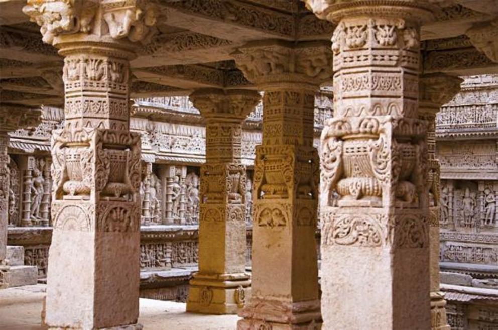 Intricately carved inner wall of Rani ki vav, Gujarat, India