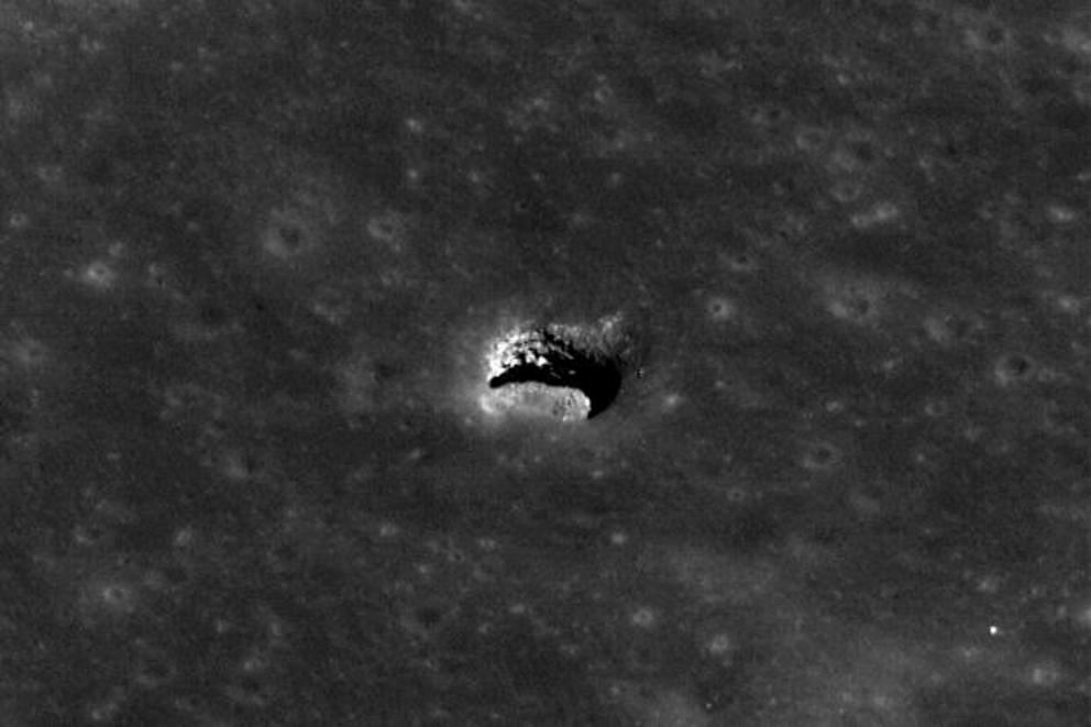 The collapsed sklyight on a lava tube in the Moon’s Marius Hills region, as imaged by NASA’s Lunar Reconnaissance Orbiter.