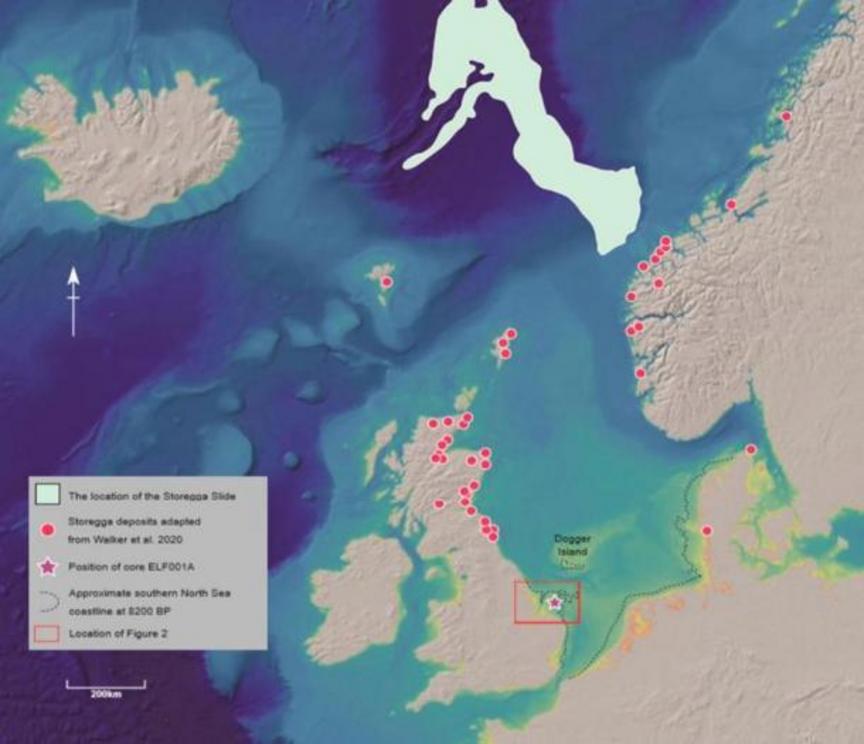 The North Sea, Storegga underwater landslide event run-out, and associated deposit locations.