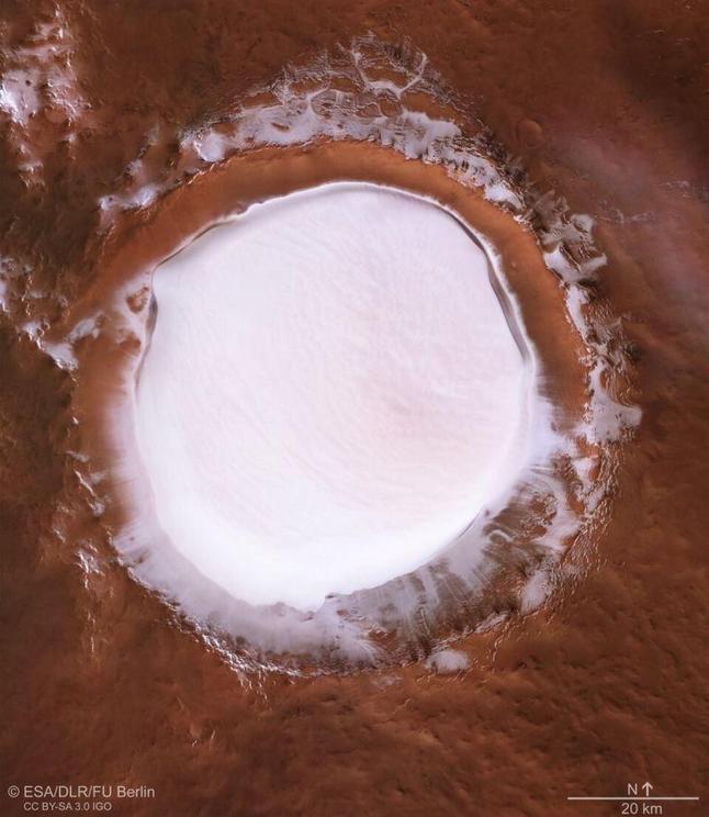 Overhead view of Korolev Crater on Mars, as seen by the European Space Agency’s Mars Express spacecraft.