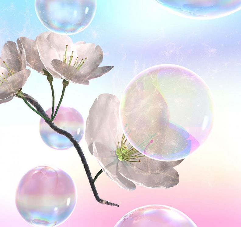 Artistic depiction of a soap bubble pollination at blooming pear orchard by Eijiro Miyako.