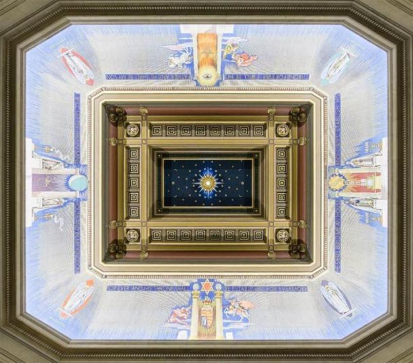 The Grand Temple Ceiling from the Freemason’s Hall in the United Grand Lodge of England, located in London. Notice the cosmic symbolism present throughout the artwork.