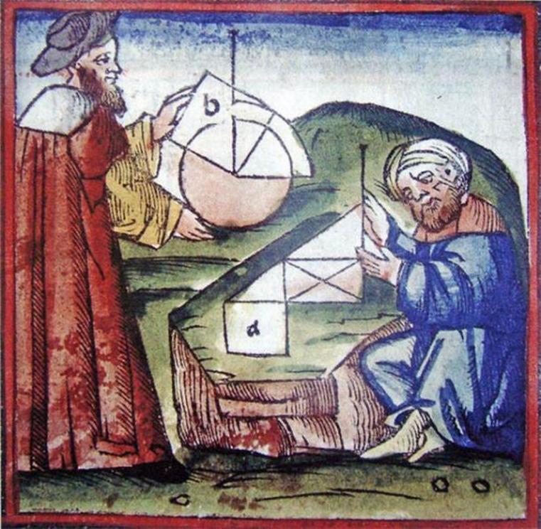 15th century manuscript showing Western and Arab thinkers practicing geometry.