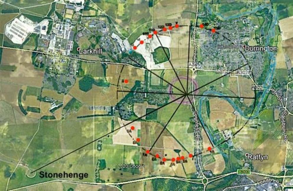Overlay of Type D with Durrington Shafts. Caption: Thom’s Type D flattened circle overlaid on the positions of the Durrington Shafts (marked in red). Note the extension through the y axis west-southwestwards to the center of Stonehenge.