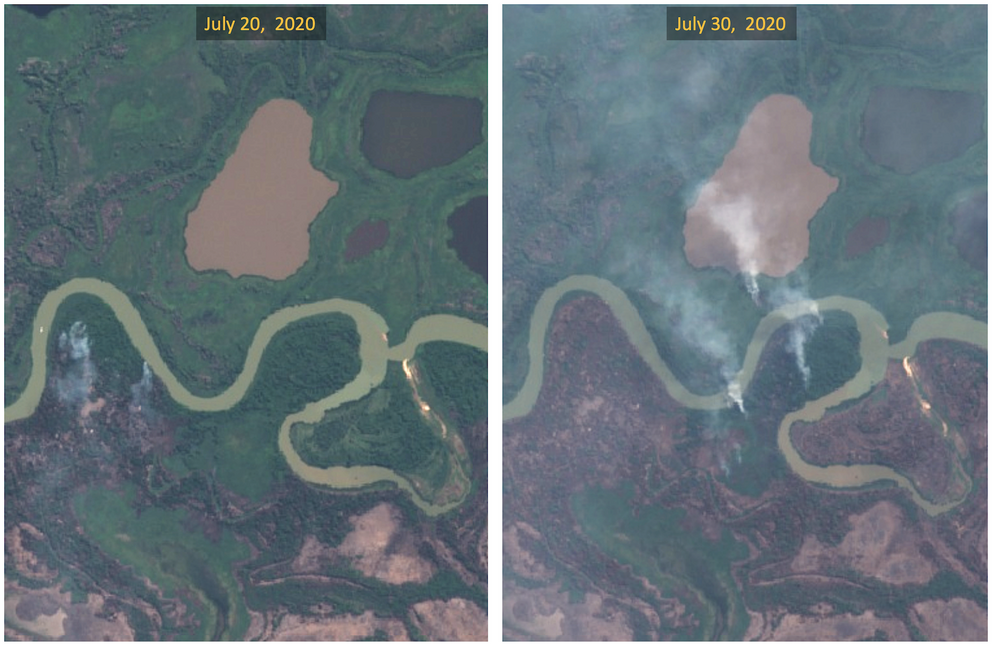 Satellite imagery shows the fire jumping the Rio São Lourenço in late July. Pantanal Matogrossense National Park lies just a few kilometers north of the river.