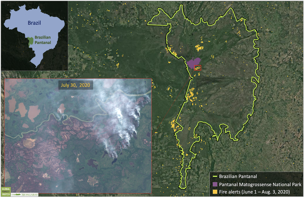 Satellite data show several areas of fire activity in June, July and into August. As of at least July 30, fires were burning just a few kilometers away from Pantanal Matogrossense National Park.