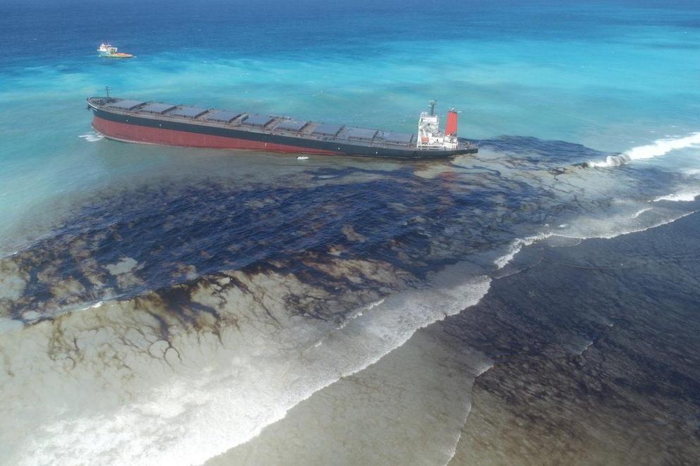 The stranded MV Wakashio leaking oil off the southeastern coast of Mauritius.