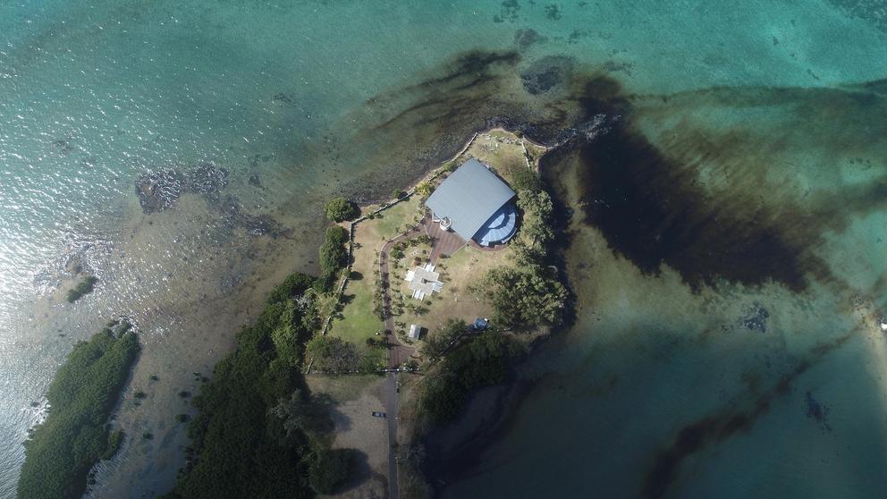 Drone imagery of the oil slick approaching the shoreline in southeastern Mauritius.