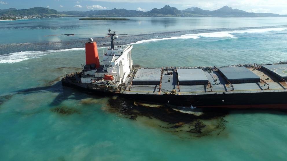 The MV Wakashio, struck a coral reef barrier at Pointe d’Esny on July 25.
