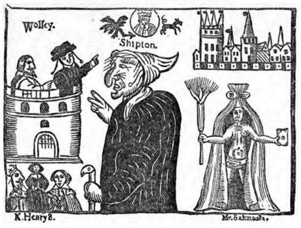 Image of Mother Shipton and Cardinal Wolsey from ‘ Mother Shipton investigated: the result of critical examination in the British Museum Library of the literature relating to the Yorkshire sibyl.’ (1881)