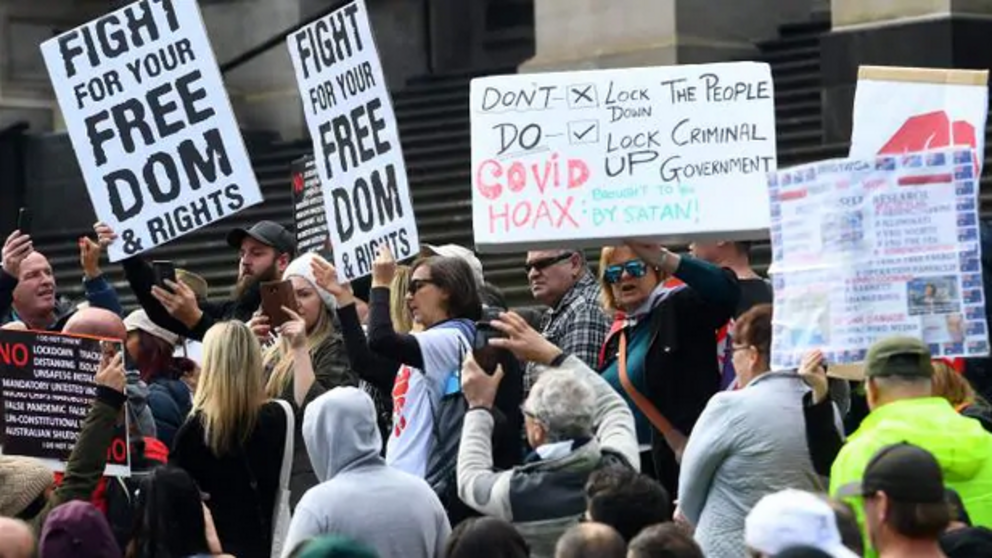 Anti-lockdown protesters in Melbourne. Picture; AFP.