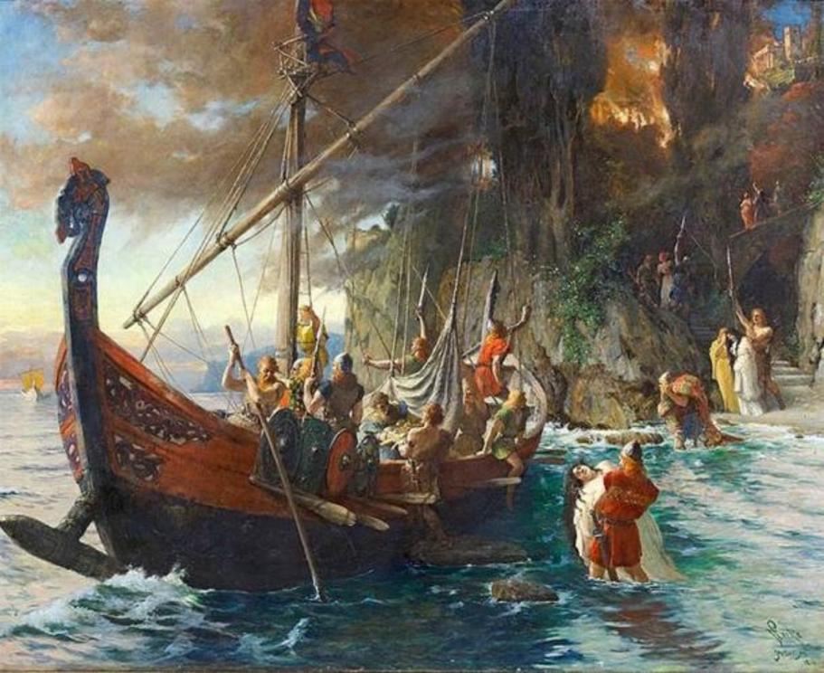 Vikings were feared for their vicious raids and attacks. This 1901 painting by Ferdinand Leeke shows them with their signature helmets which were used as essential personal protective equipment by Viking warriors.