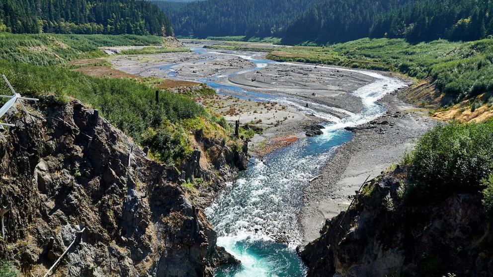 The removal of the Glines Dam on the Elwha River is a dam removal success story. The remains of the dam are shown here.