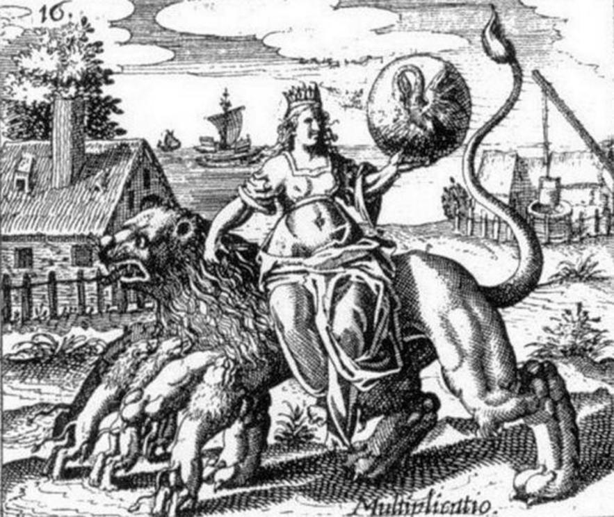 Multiplicatio’ emblem from Philosophia Reformata, by  Johann Daniel Mylius, 1622 . In this image “multiplication” is illustrated with a pelican and a lion feeding their young.