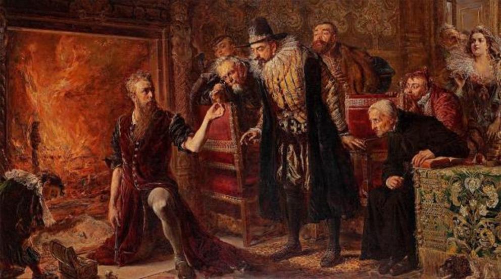 Polish alchemist, philosopher, and medical doctor Sedziw ój performing a transmutation for  Sigismund III , by Jan Matejko (1867).