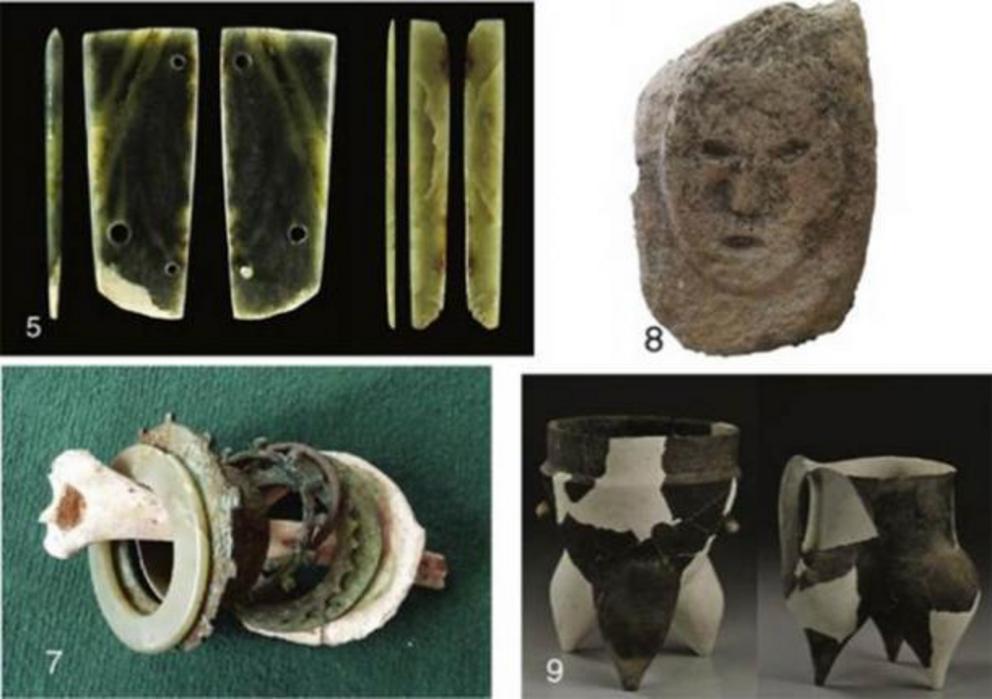 5: jade items found at East Gate; 7: jade and metal bracelets with a human arm bone found in a burial; 8: stone human head; 9: Shimao ceramics.