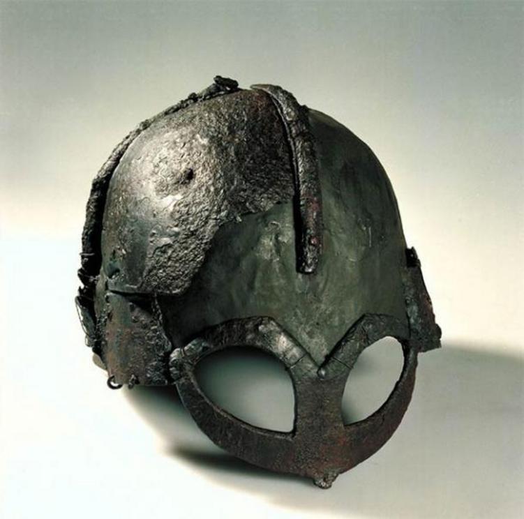 Viking-era helmet discovered in 1943 at Gjermundby farm in southern Norway. The Gjermundbu helmet is one of two nearly intact Viking helmets discovered to date, the other being the Yarm helmet. Viking helmet fragments capable of reconstruction have also b