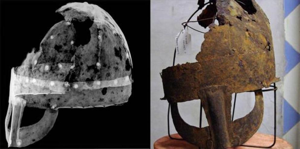 The Yarm helmet has been on permanent display at Preston Park Museum since 2012. Researchers from Durham University conducted radiographs of the Anglo-Scandinavian helmet to study the properties of the metal and compared the find to other archaeological d