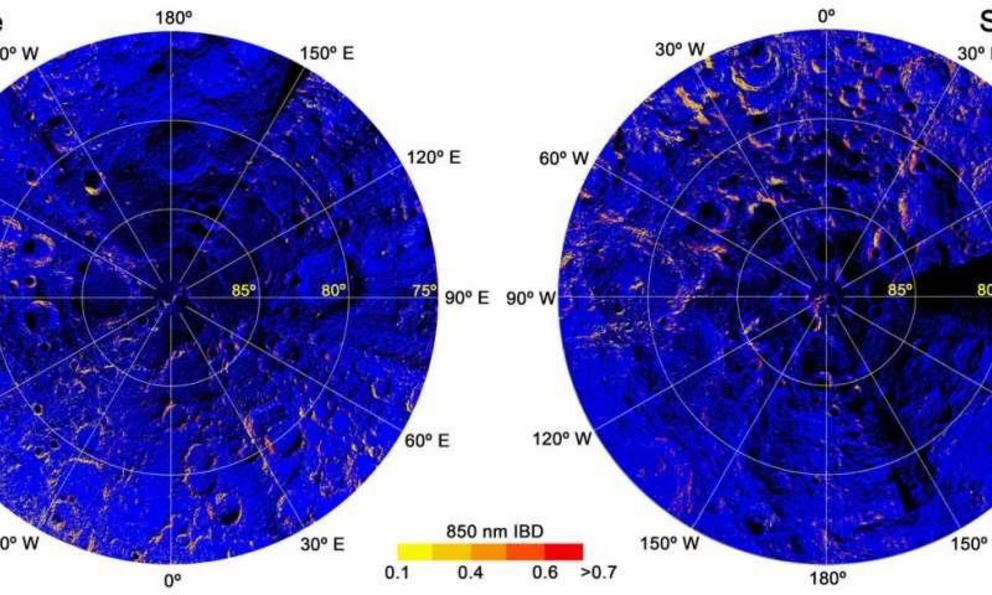 Map of hematite on the moon--redder color means more hematite.