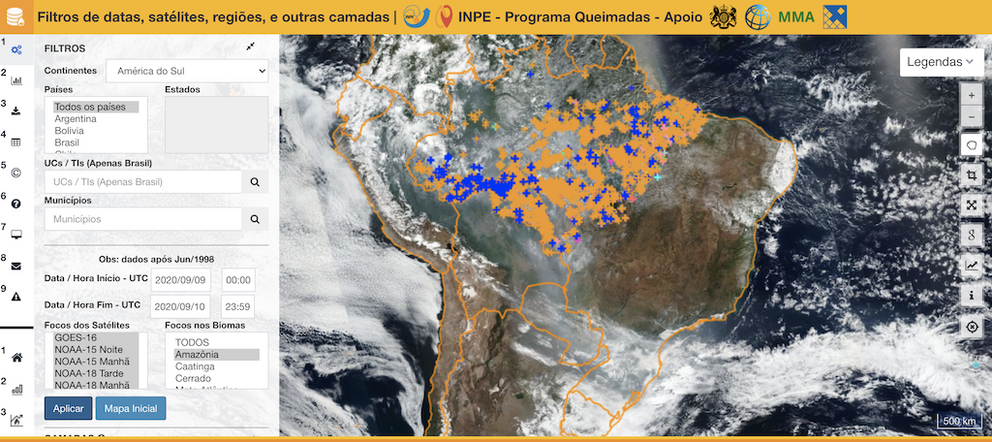 Hotspot alerts are available in the INPE fire monitoring platform (Programa Queimadas) from many different satellites. Here, Amazon hotspot data from September 10, 2020 from all satellites are shown. A menu on the left allows the user to select time, loca