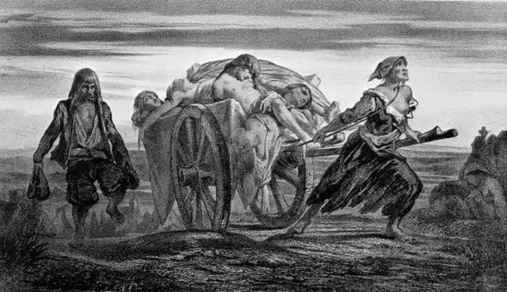 Moynet lithograph of a truck loaded with plague victims.