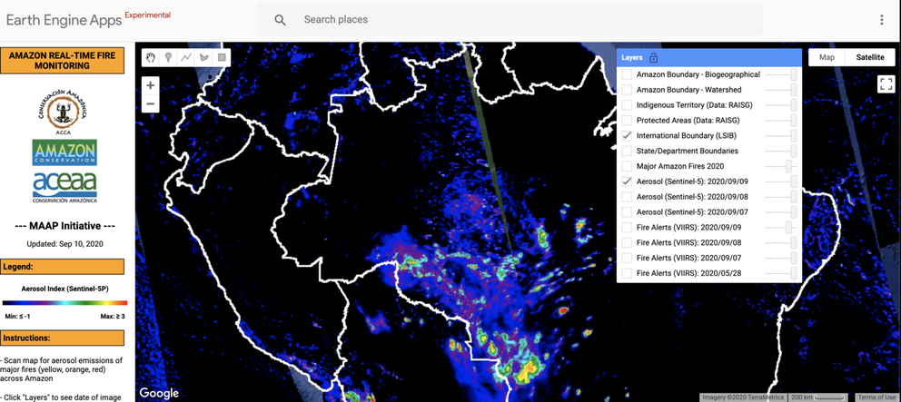 MAAP’s novel Real-time Amazon Fire Monitoring app shows aerosol emissions alerts by location on Sept 10, 2020.